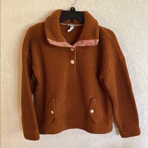 J. Crew Brown Sherpa Teddy Fleece Pullover with Pink Trim